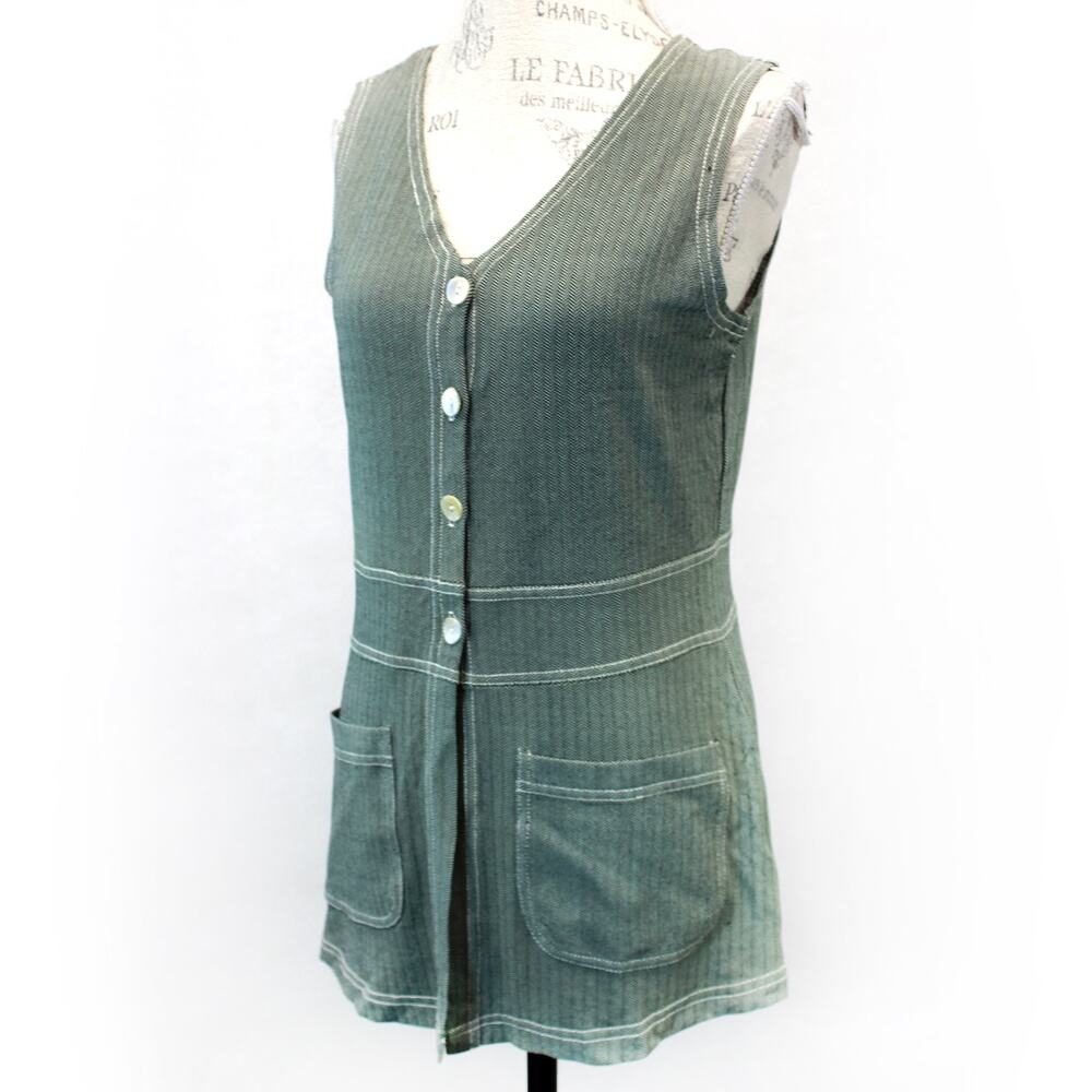 Carole Little Herringbone old money vintage top vest blouse pockets Medium USA